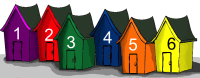 Seks hus på rad meg tallene 1, 2, 3, 4, 5 og 6.